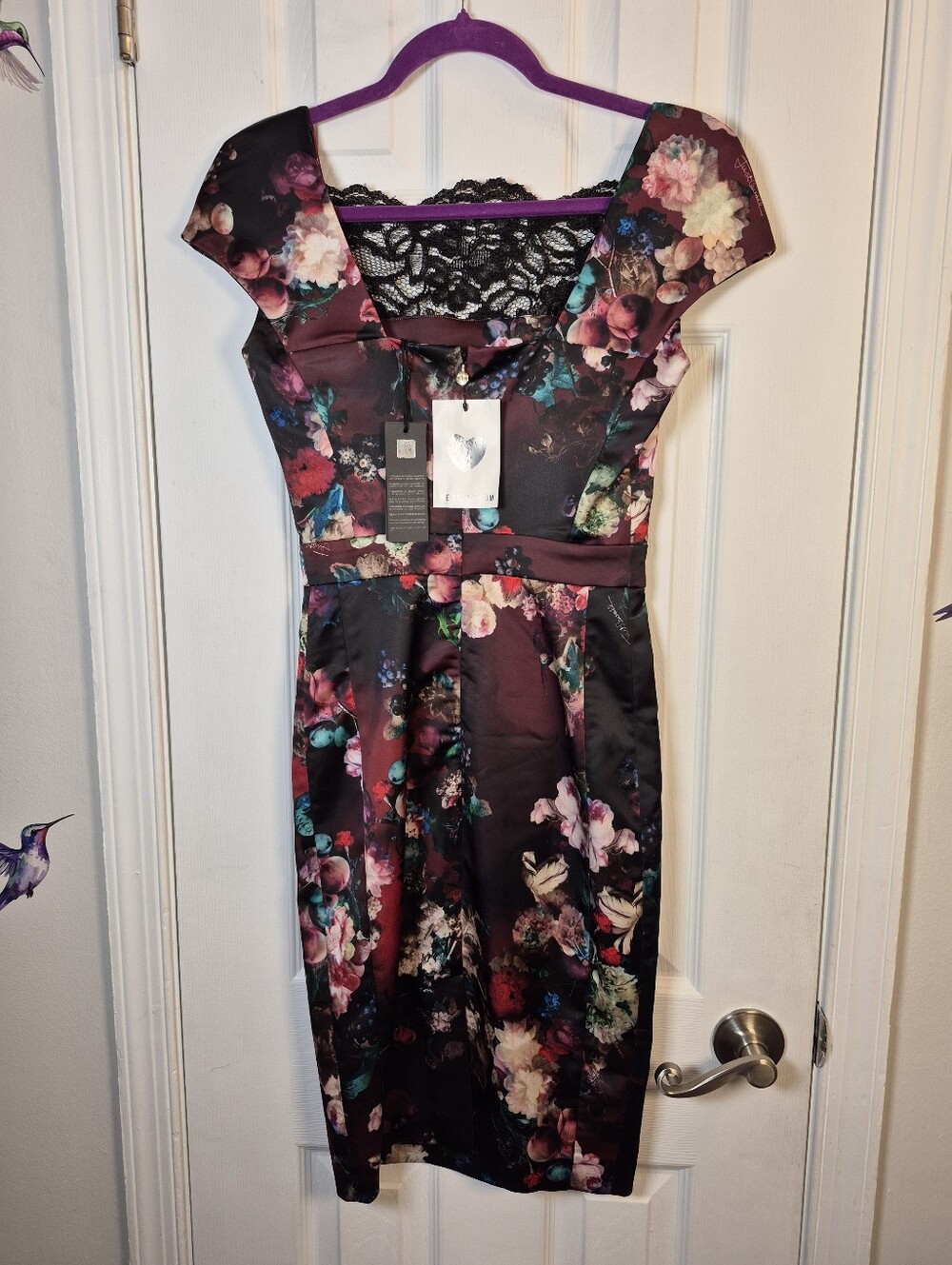 Just Cavalli Floral Satin Lace Cap Sleeve Sheath Dress IT 38 US XS - Picture 2 of 10